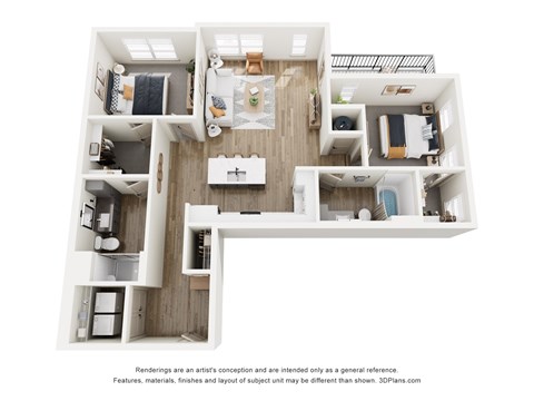 Floor plan for 2 beds, 2 baths, 1165 sqft
